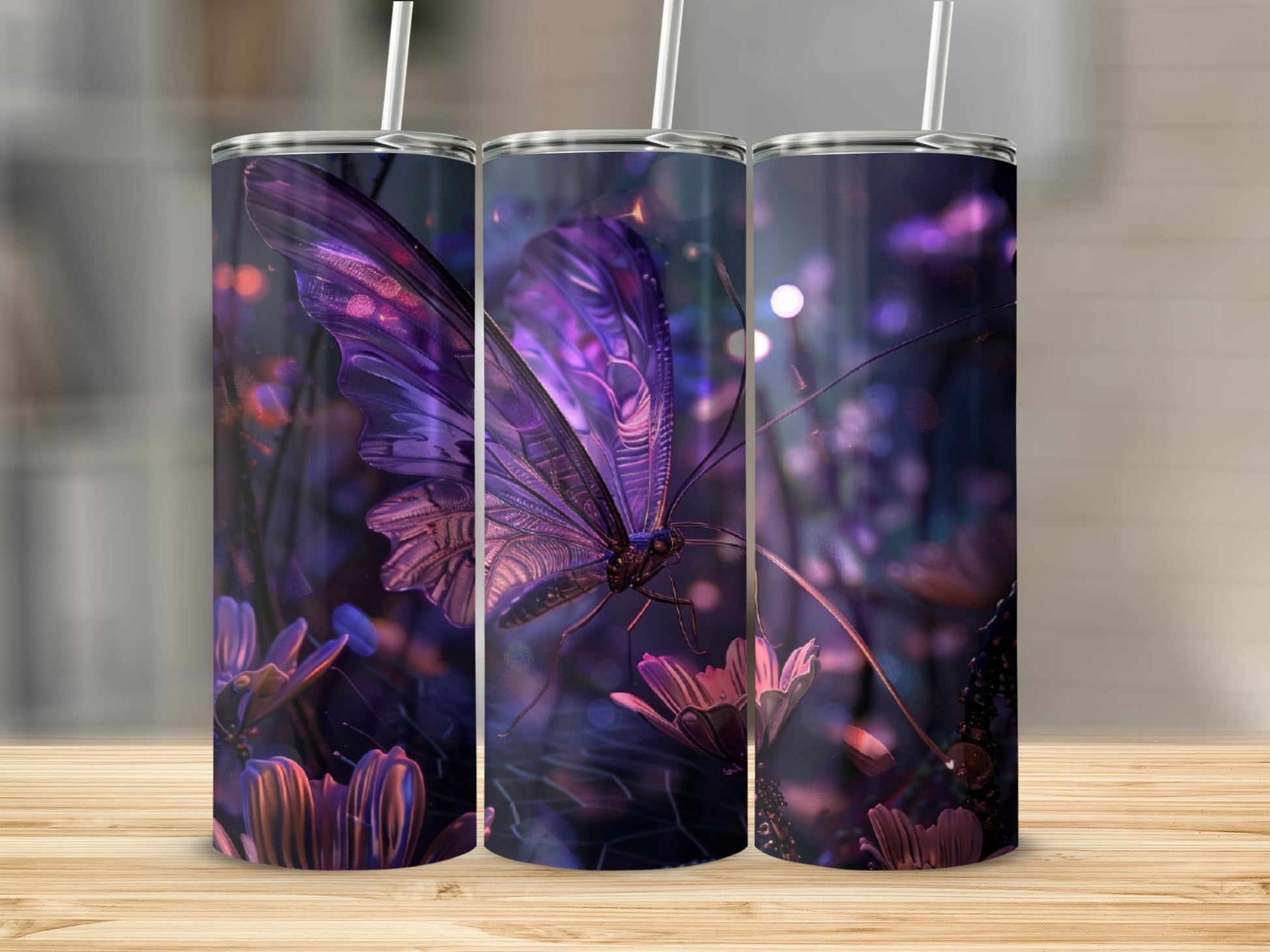 Purple butterfly on floral background, showcased on three tumblers.