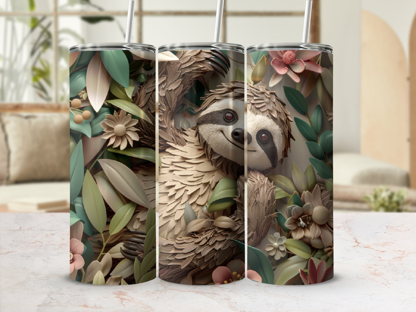Sloth peeking from leaves and flowers, a nature-themed tumbler design.