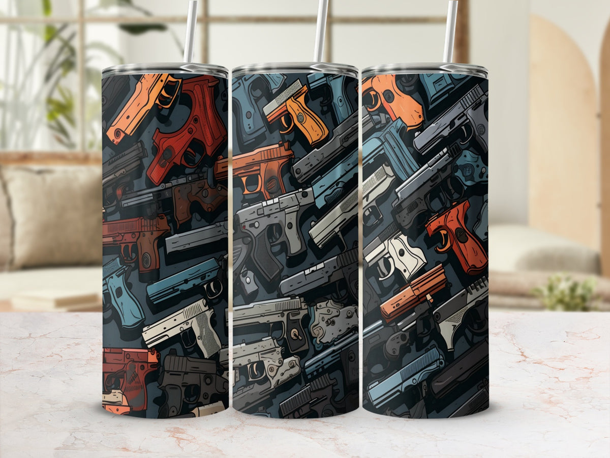 Three tumblers featuring a dark pattern of various handguns in red, orange, and blue.
