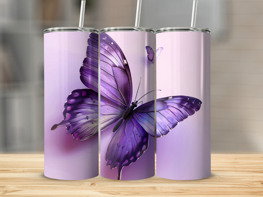 Purple butterfly tumbler with a light purple background.