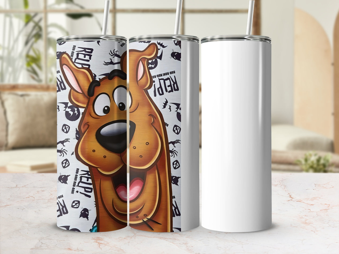 Scooby-Doo patterned tumbler with text "Ruh-Roh!" and "Ruh-roh!"