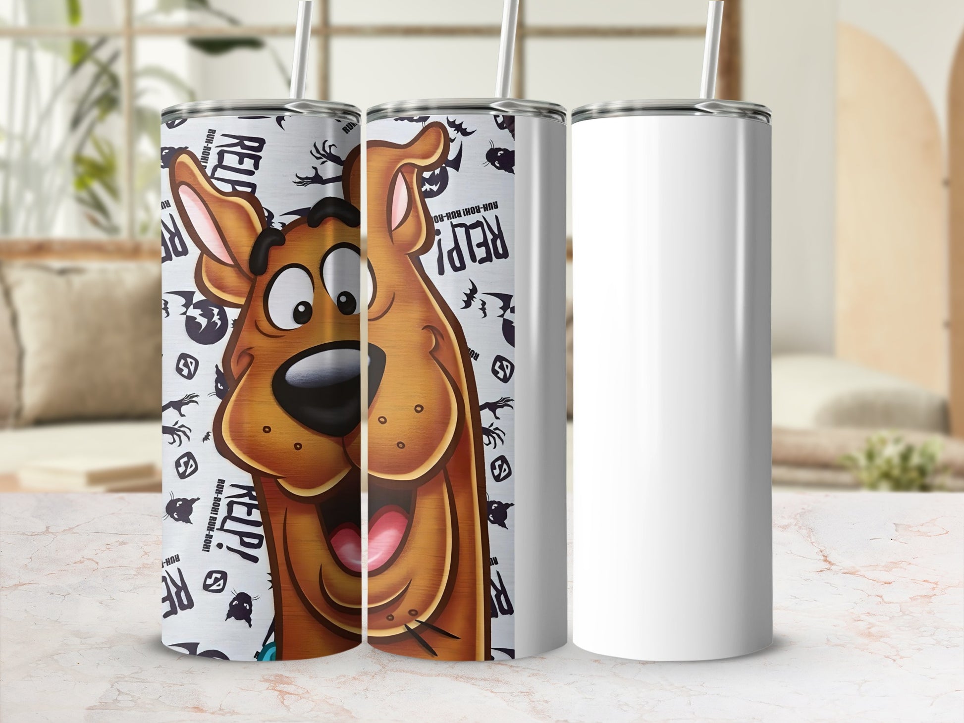 Scooby-Doo patterned tumbler with text "Ruh-Roh!" and "Ruh-roh!"