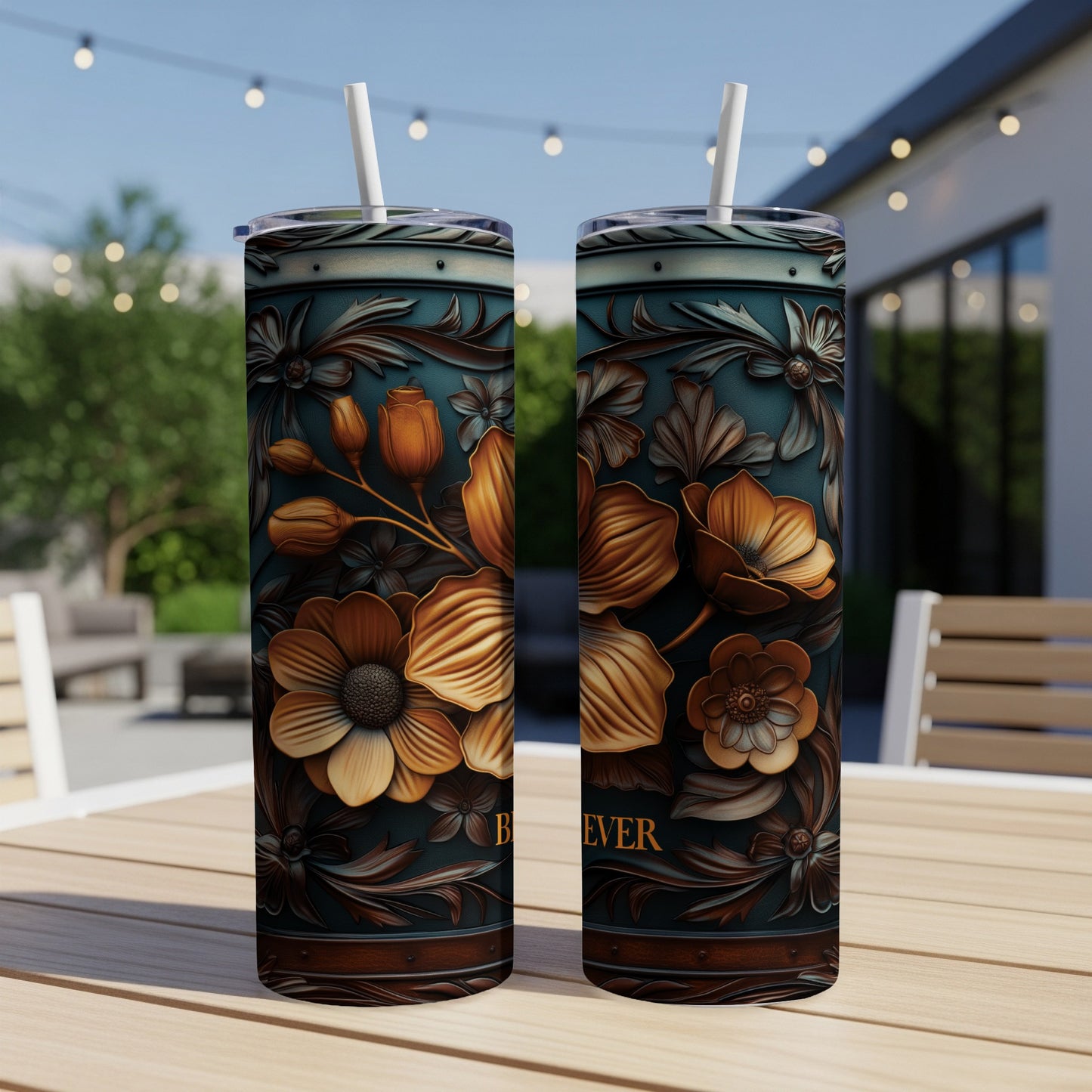 Two tall tumblers with floral designs and "Believe" text on a wooden table.
