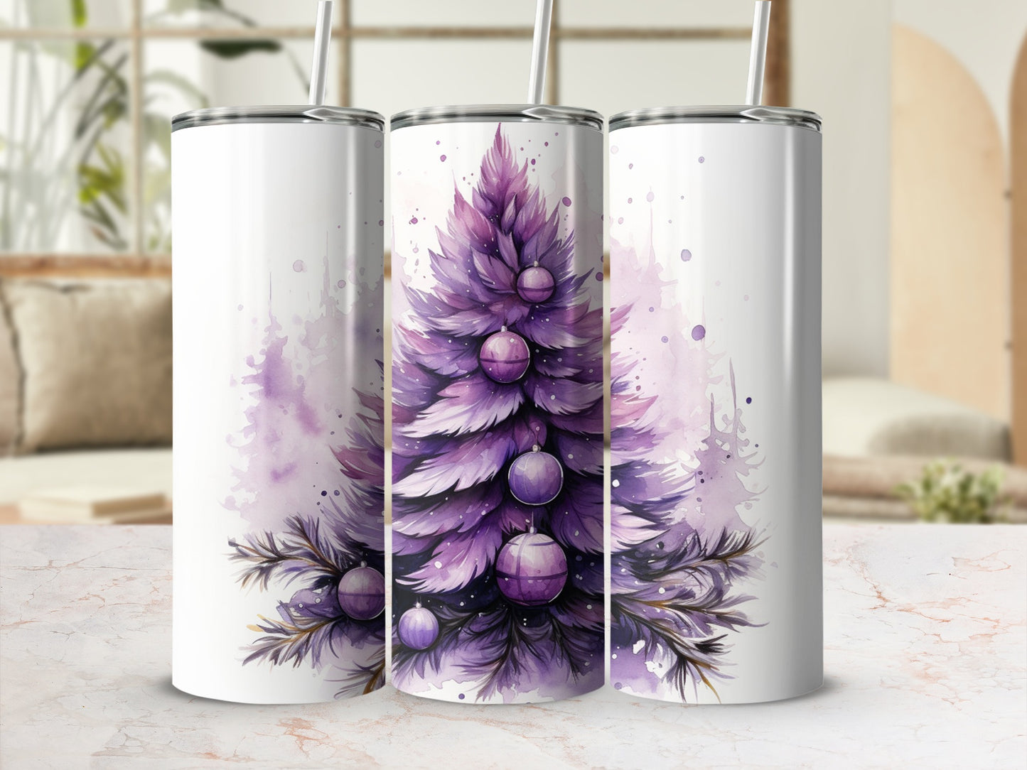Three tumblers featuring a watercolor purple Christmas tree with ornaments.