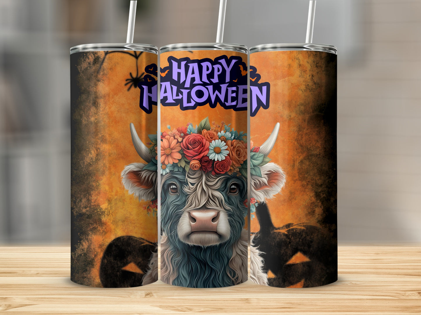 Happy Halloween Cow Tumbler with Floral Crown Design