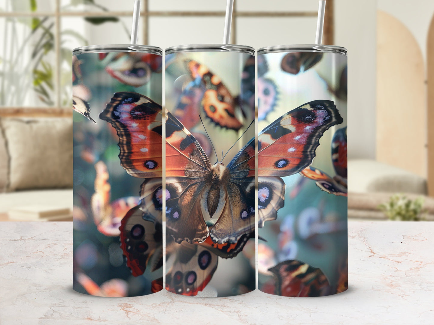 Tumbler with colorful butterfly pattern against blurred background.
