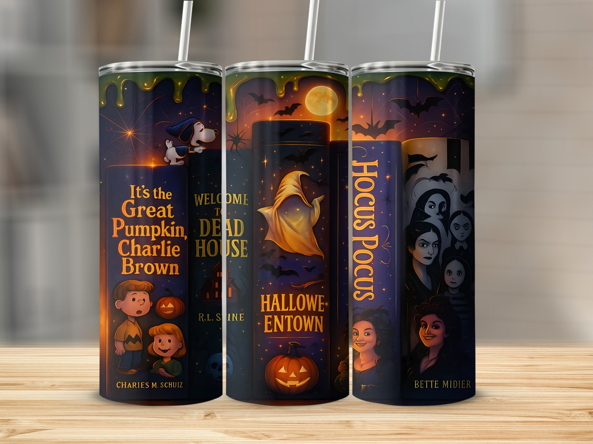 Three tumblers featuring Halloween book covers: Charlie Brown, Goosebumps, and Hocus Pocus.