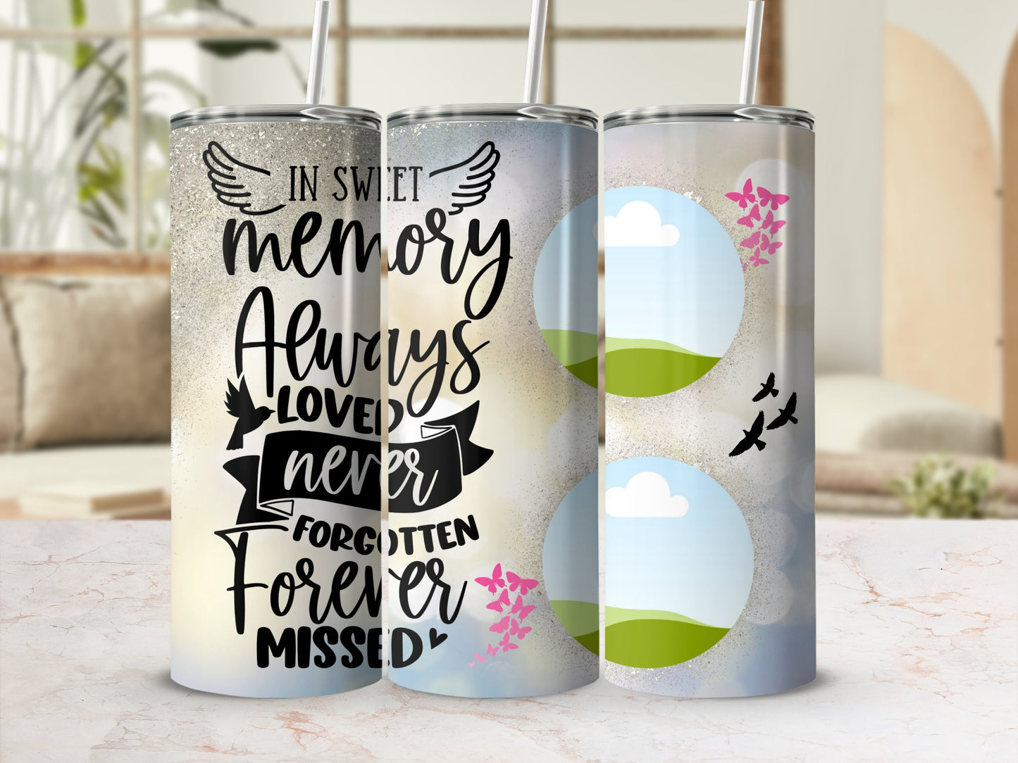 Memorial tumbler with "In Sweet Memory" and landscape photo inserts.