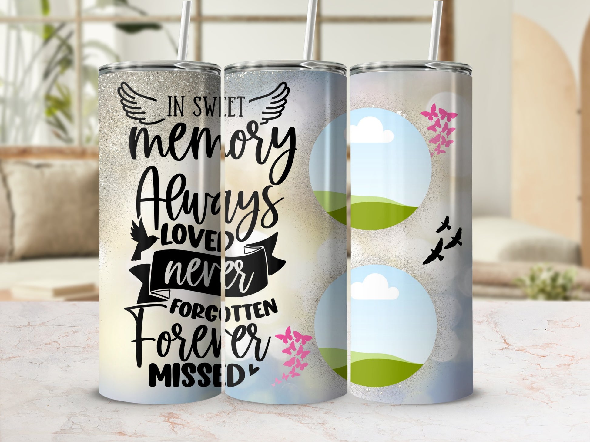 Memorial tumbler with "In Sweet Memory" and landscape photo inserts.