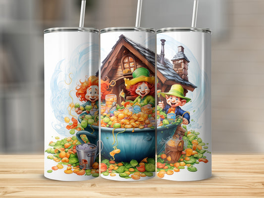 Three St. Patrick's Day leprechauns in a tub of gold coins.