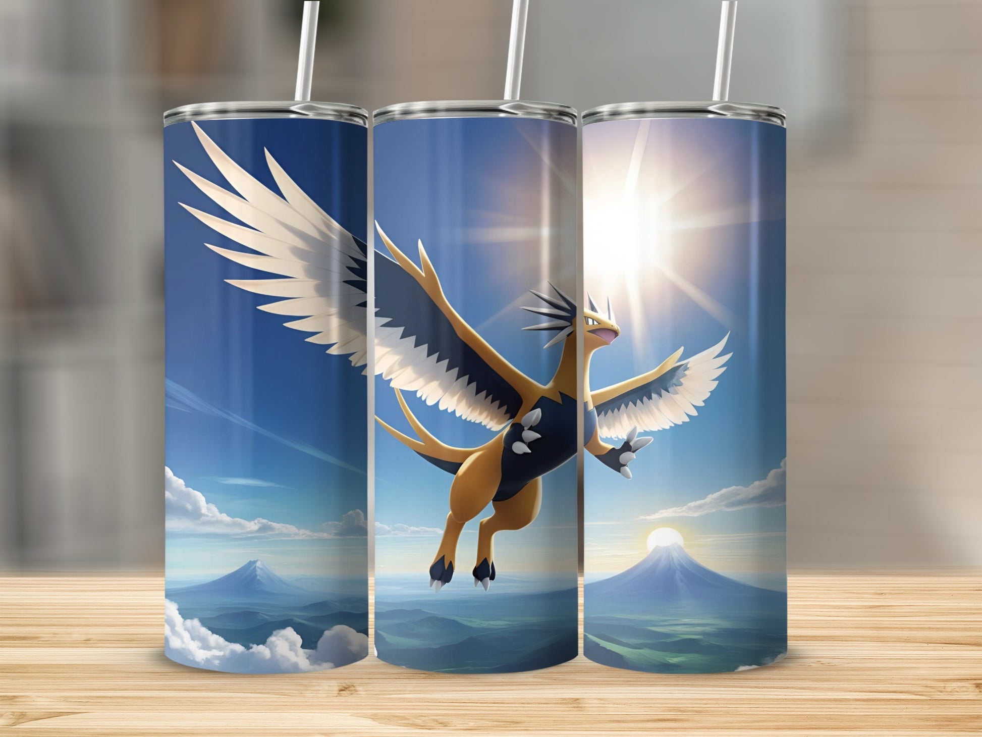 Yellow and black dragon-like creature with white wings flying near mountains.