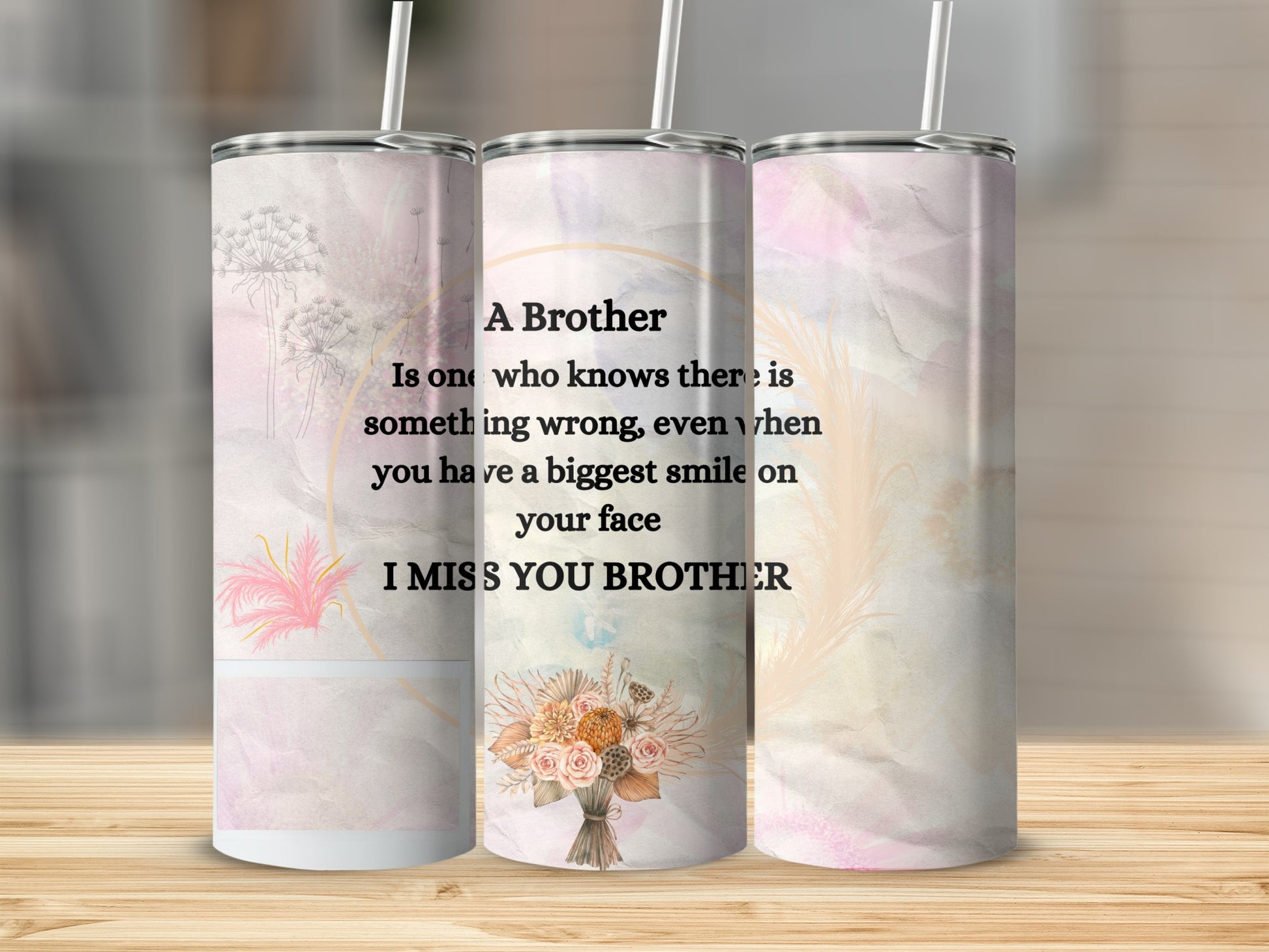 Brother, I miss you, tumbler with floral and feather design.