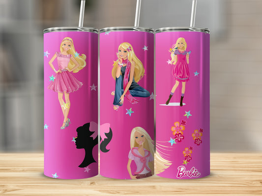 Barbie On Pink Background With Stars Flowers Tumblers