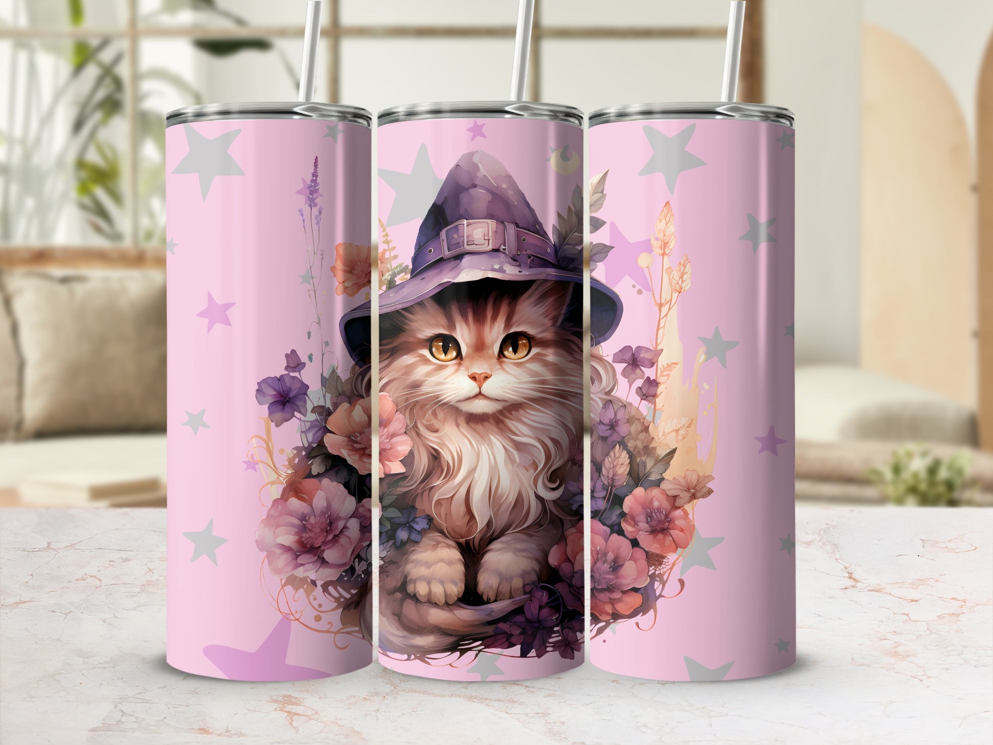 Cute Cat with Flowers and Stars Tumbler Product