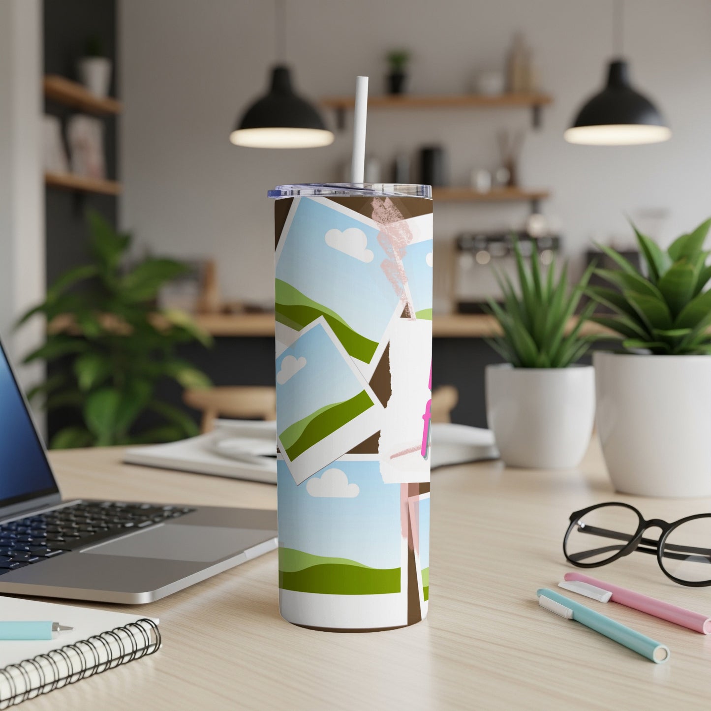 Tumbler with layered landscape photo collage and a pink accent.