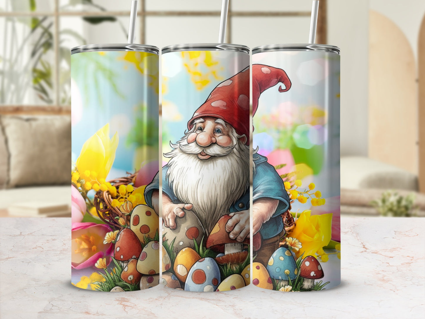 Colorful Gnome Amidst Flowers and Mushrooms Tumbler
