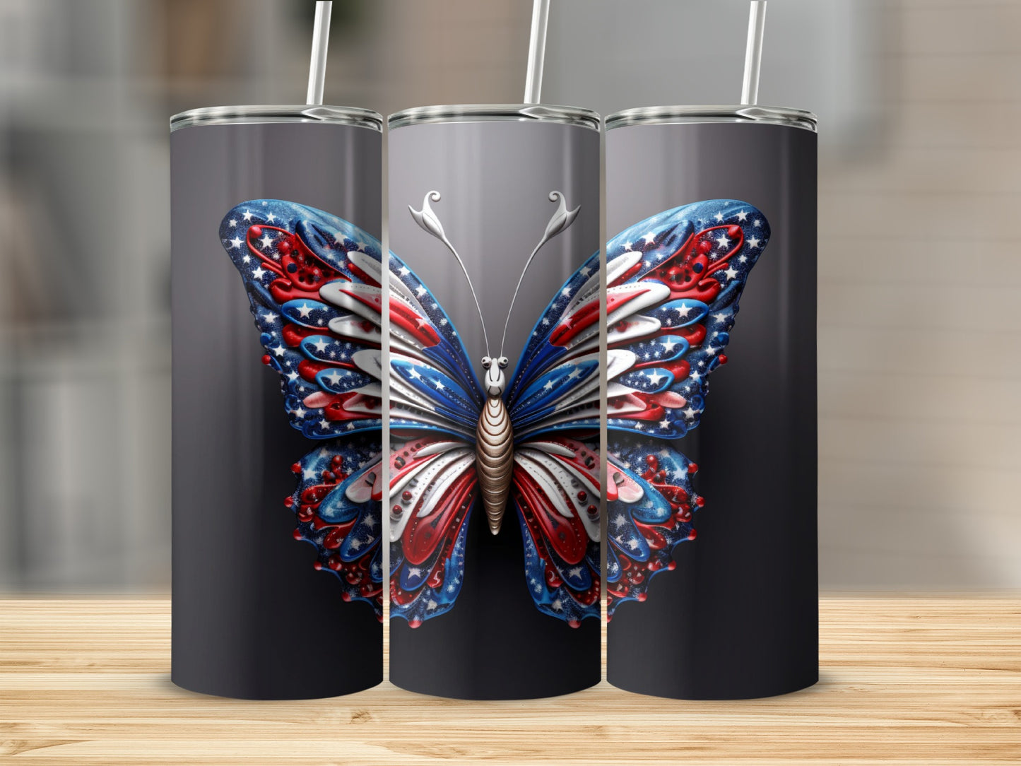 Tumbler with patriotic butterfly design featuring stars and stripes.