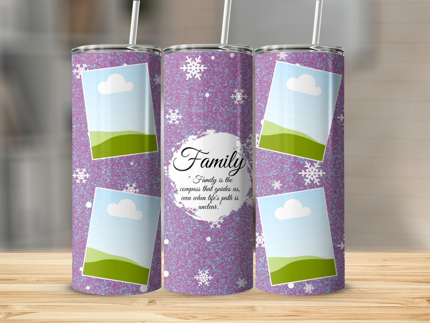 Purple tumbler with snowflakes, photo frames, and quote "Family is the compass."