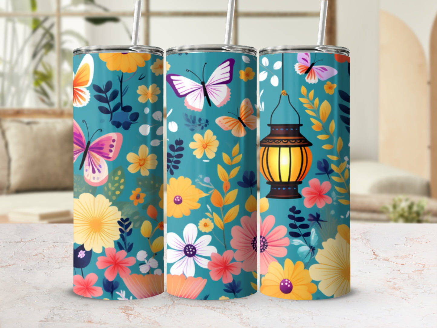 Floral pattern with butterflies and lantern on a teal tumbler.