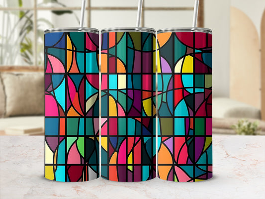 Three tumblers with a colorful geometric stained-glass pattern.