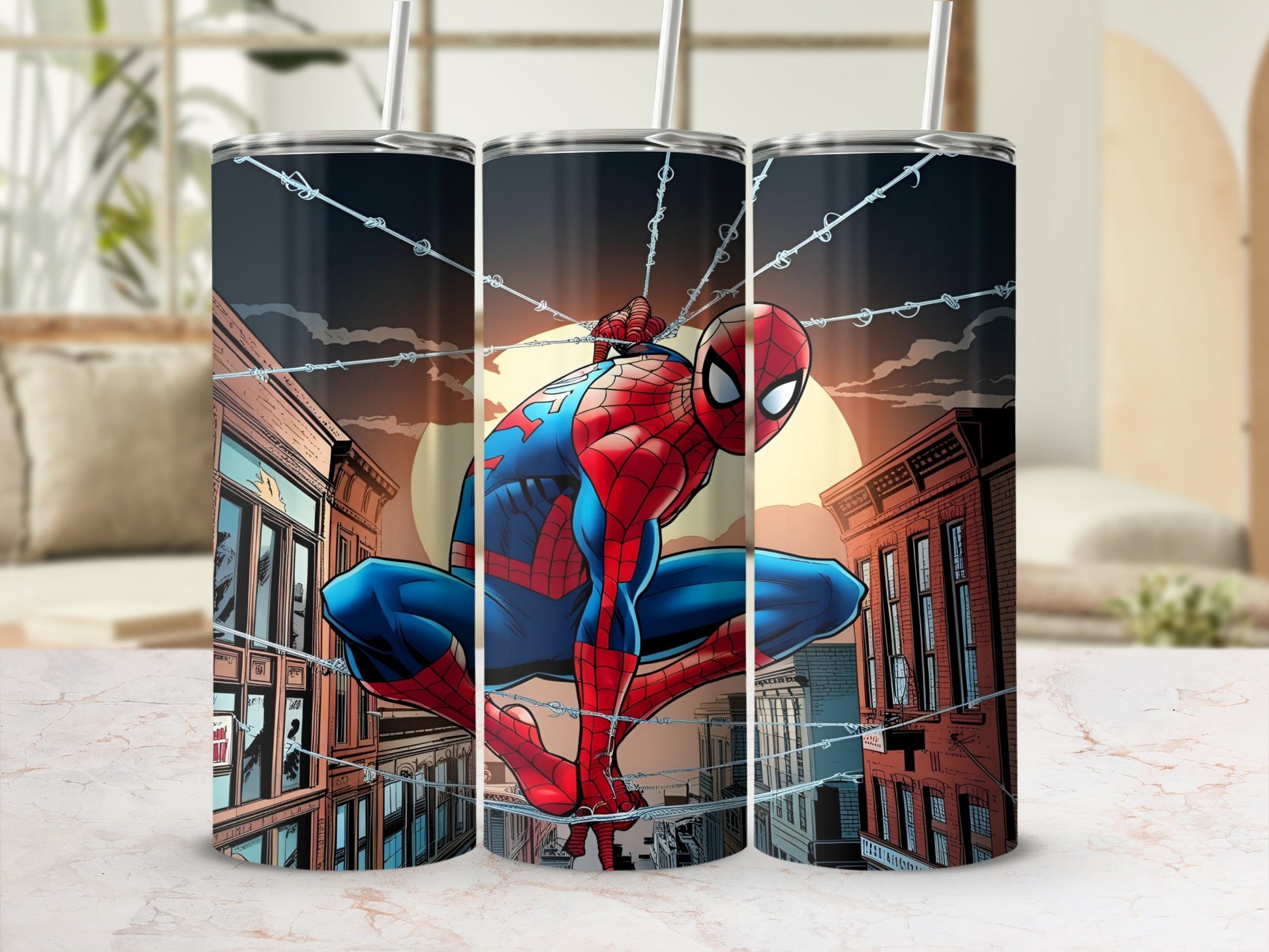 Spiderman crouches on a web line between buildings with a warm sunset behind him.