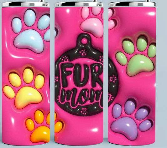 Pink 3D Fur Mom with Paw Prints tumbler