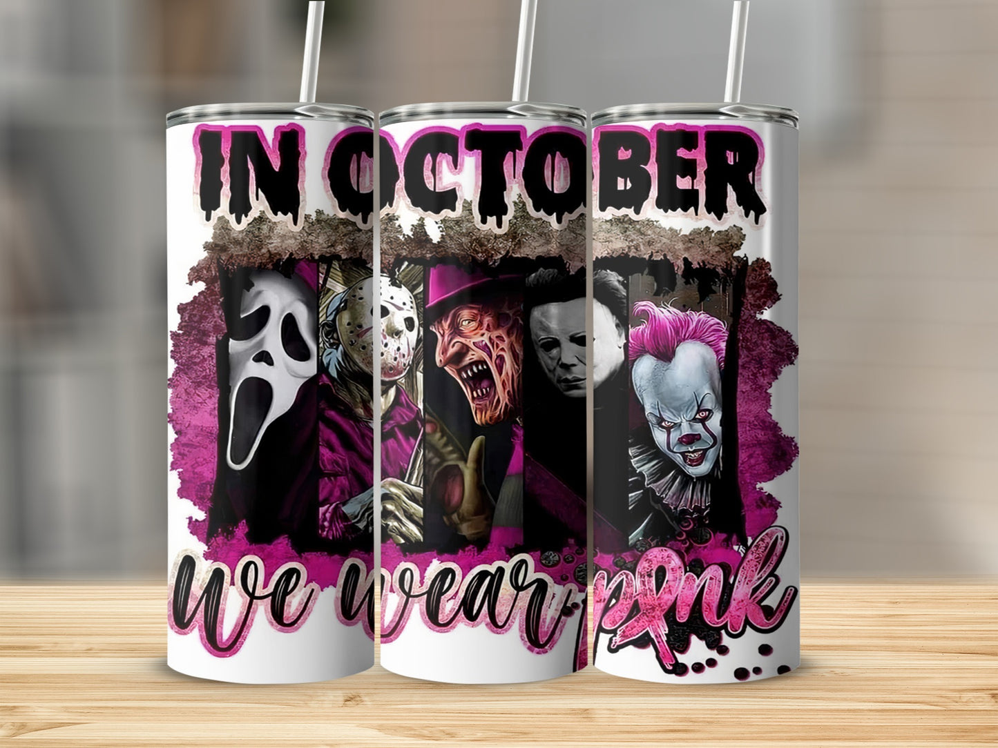 Tumblers featuring horror characters with text "In October we wear pink."
