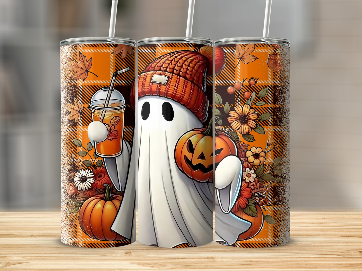 Halloween Ghost with Pumpkin and Floral Design Tumbler