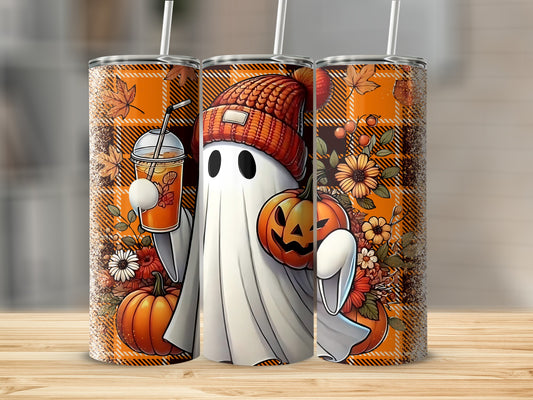 Halloween Ghost with Pumpkin and Floral Design Tumbler