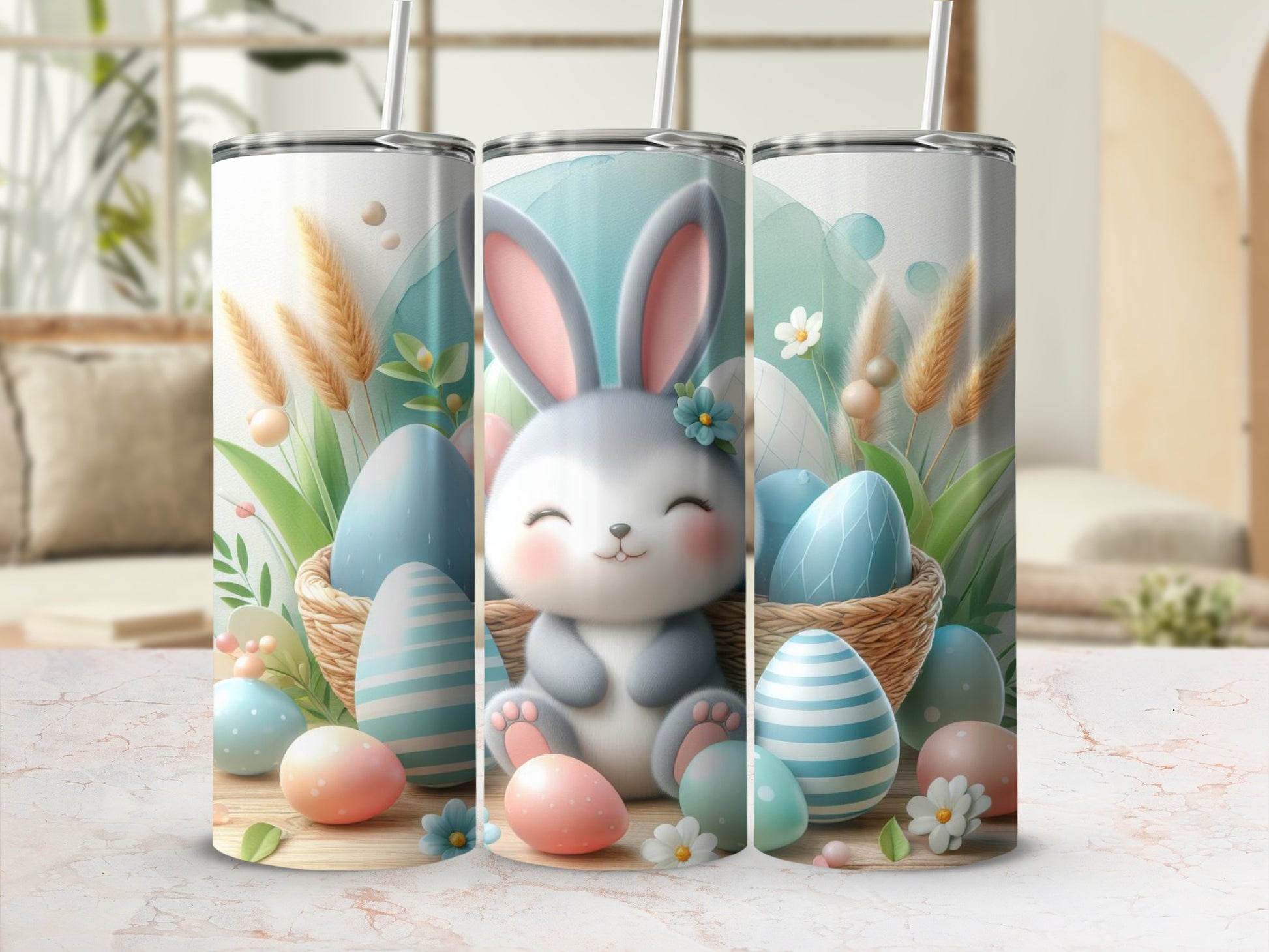 Cute Easter bunny with colorful eggs and floral accents on a tumbler.