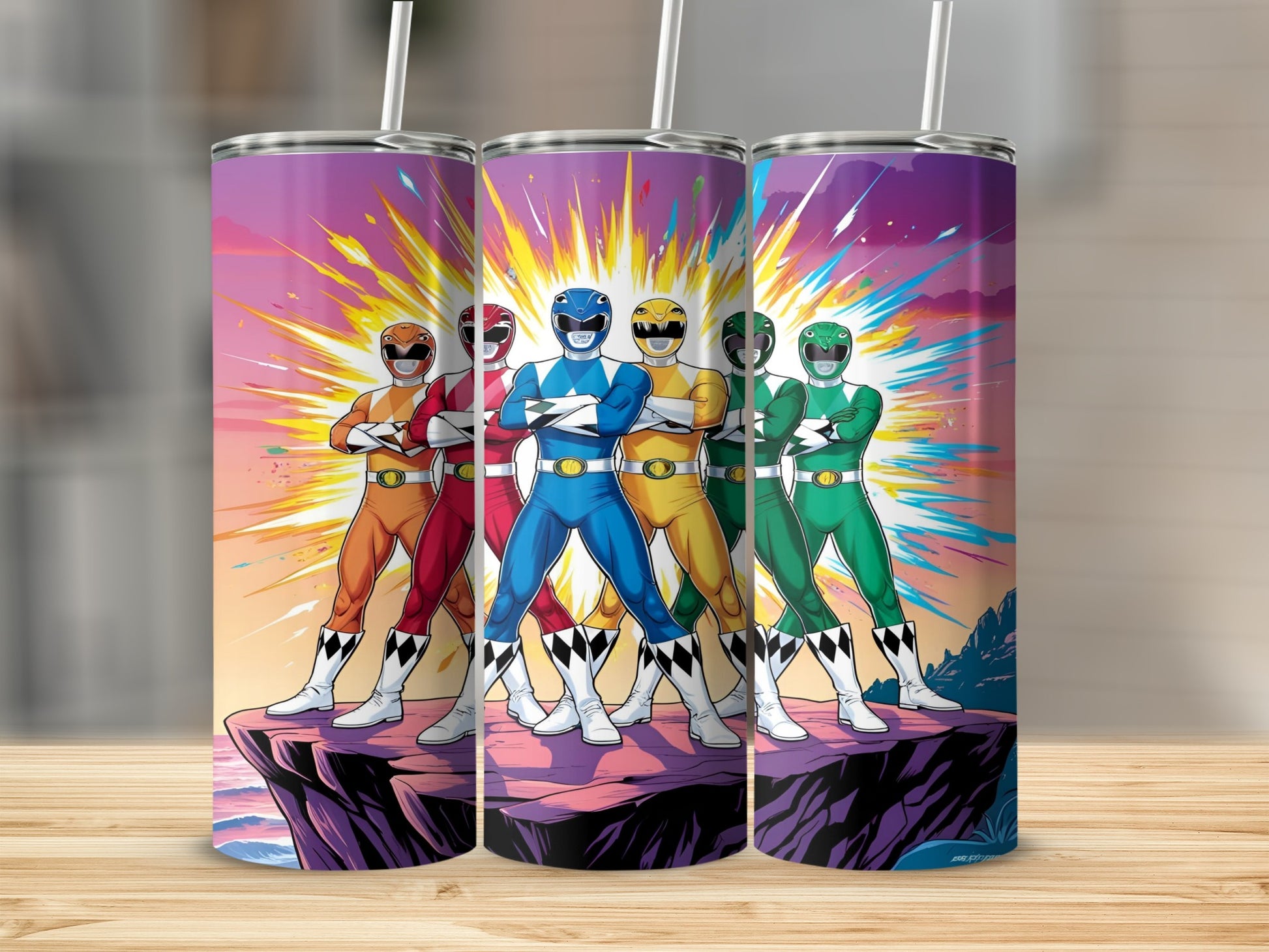 Four colorful Power Rangers stand on a rock with a sunset background.