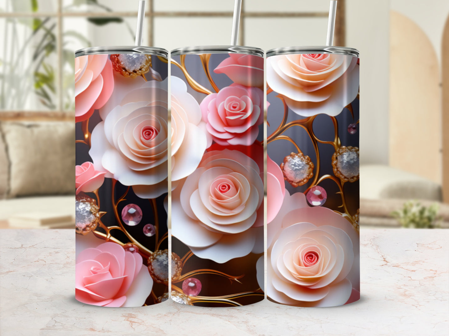 Pink and white roses with gold accents on a patterned tumbler.