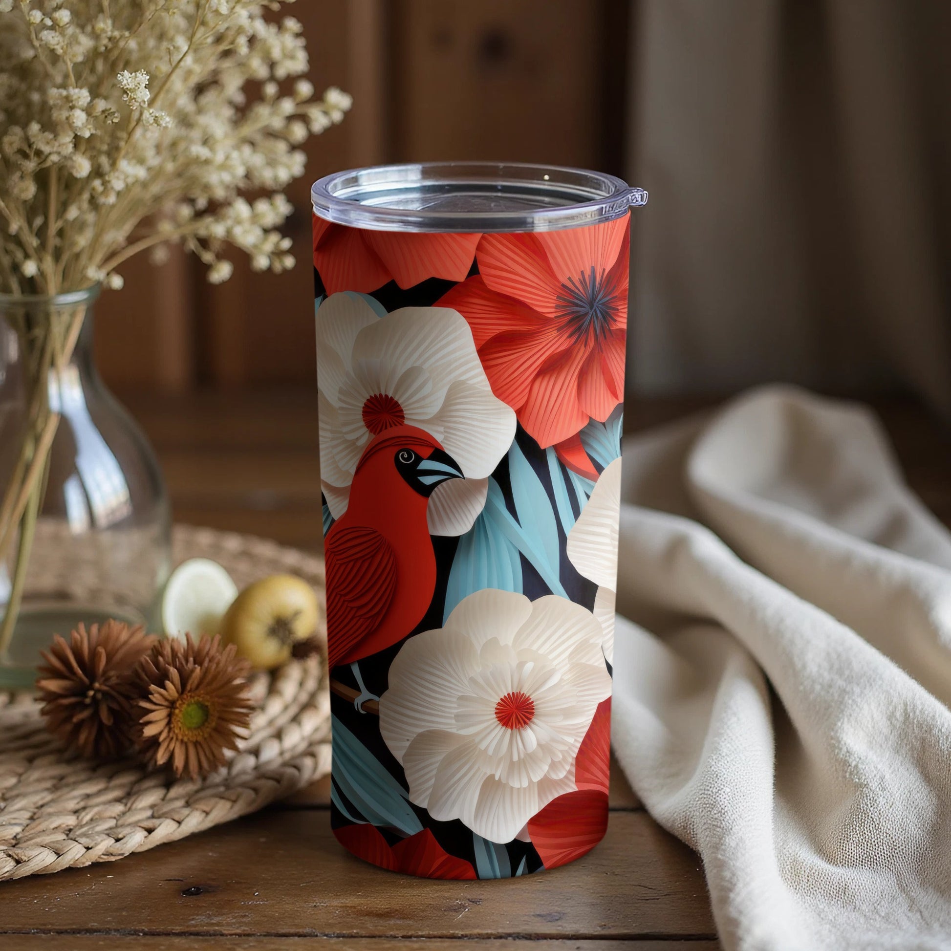 Vibrant Floral and Bird Design Insulated Tumbler
