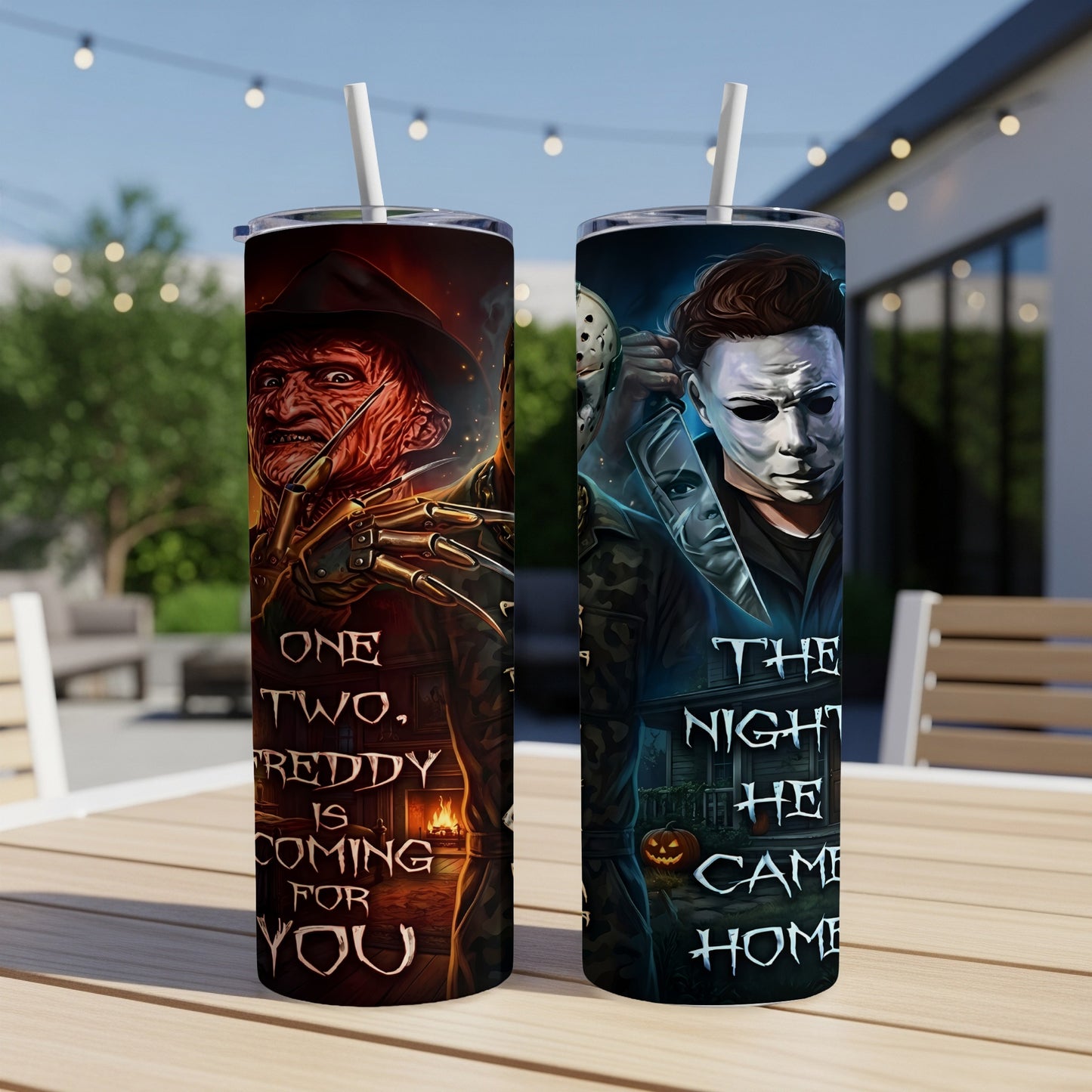 Two tumblers featuring Freddy Krueger and Michael Myers with Halloween-themed text.