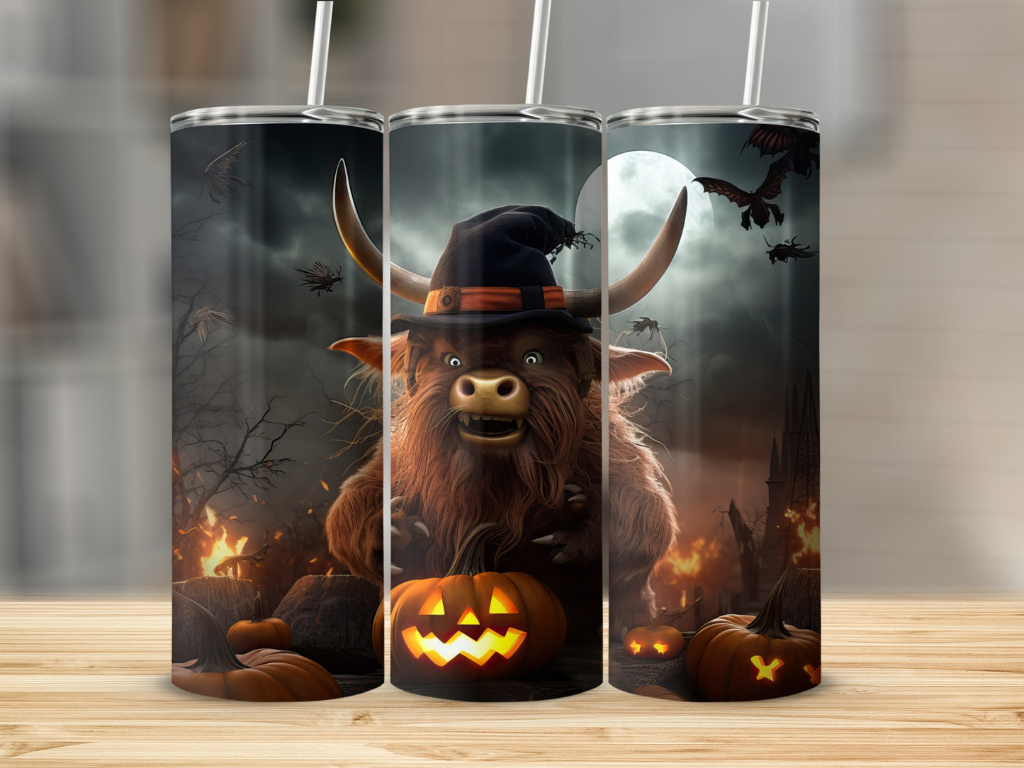 Halloween tumbler with a furry monster wearing a witch hat and pumpkins.