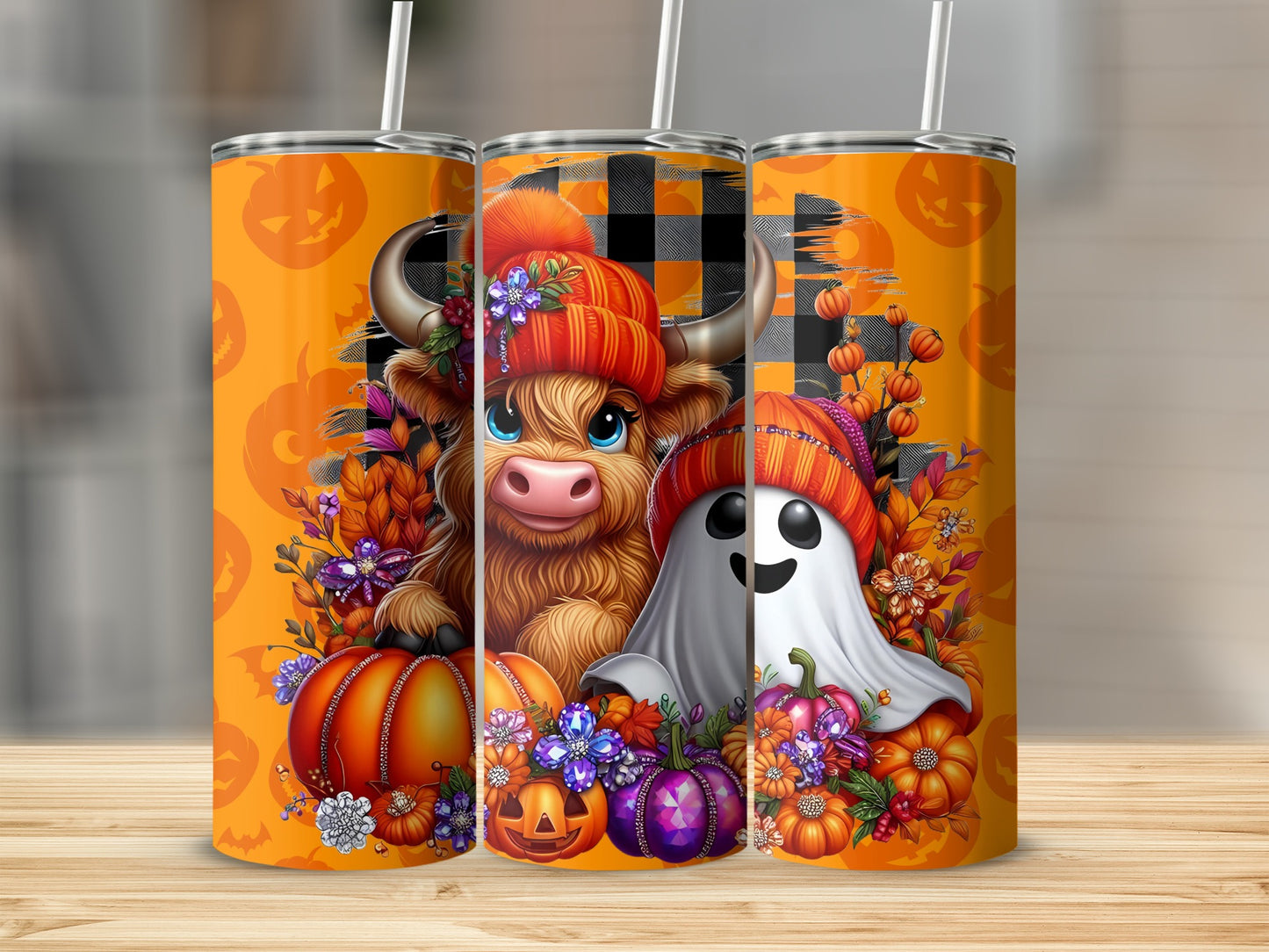 Autumn Highland Cow and Ghost Halloween Tumbler