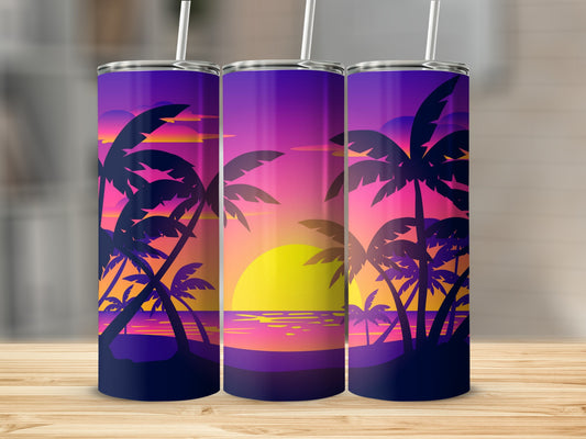 Vibrant Sunset Gradient Tumbler with Palm Trees Design