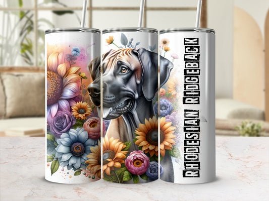Rhodesian Ridgeback tumbler with floral accents and text.