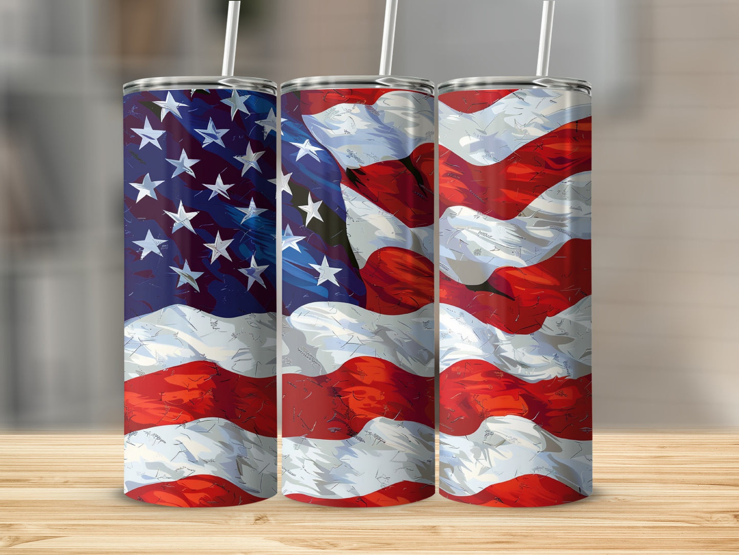 Three tumblers decorated with an American flag design.