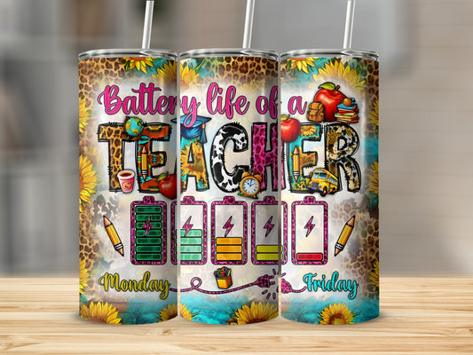 Teacher tumbler with apples, pencils, sunflowers, and charging battery graphics.