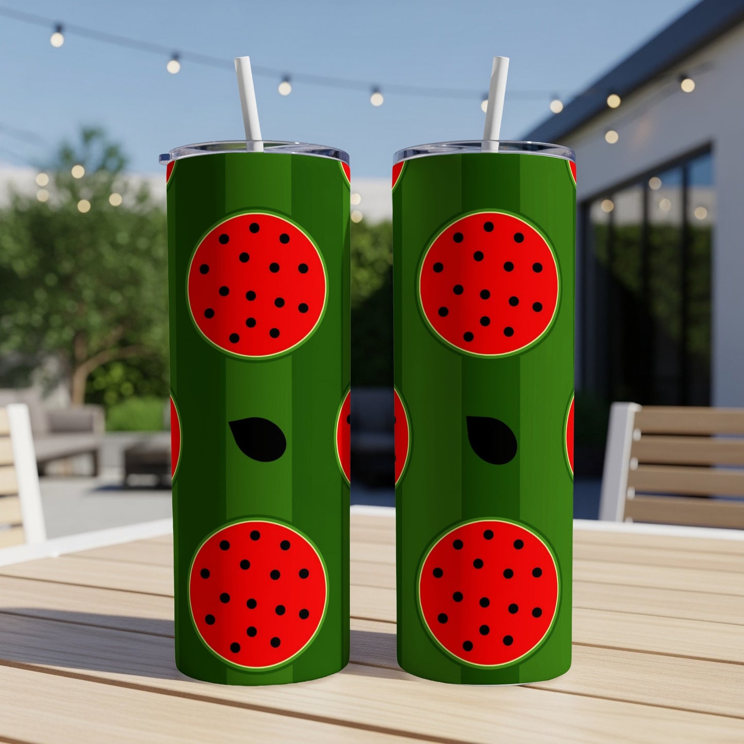 Green tumbler with repeating red and black watermelon slice pattern.