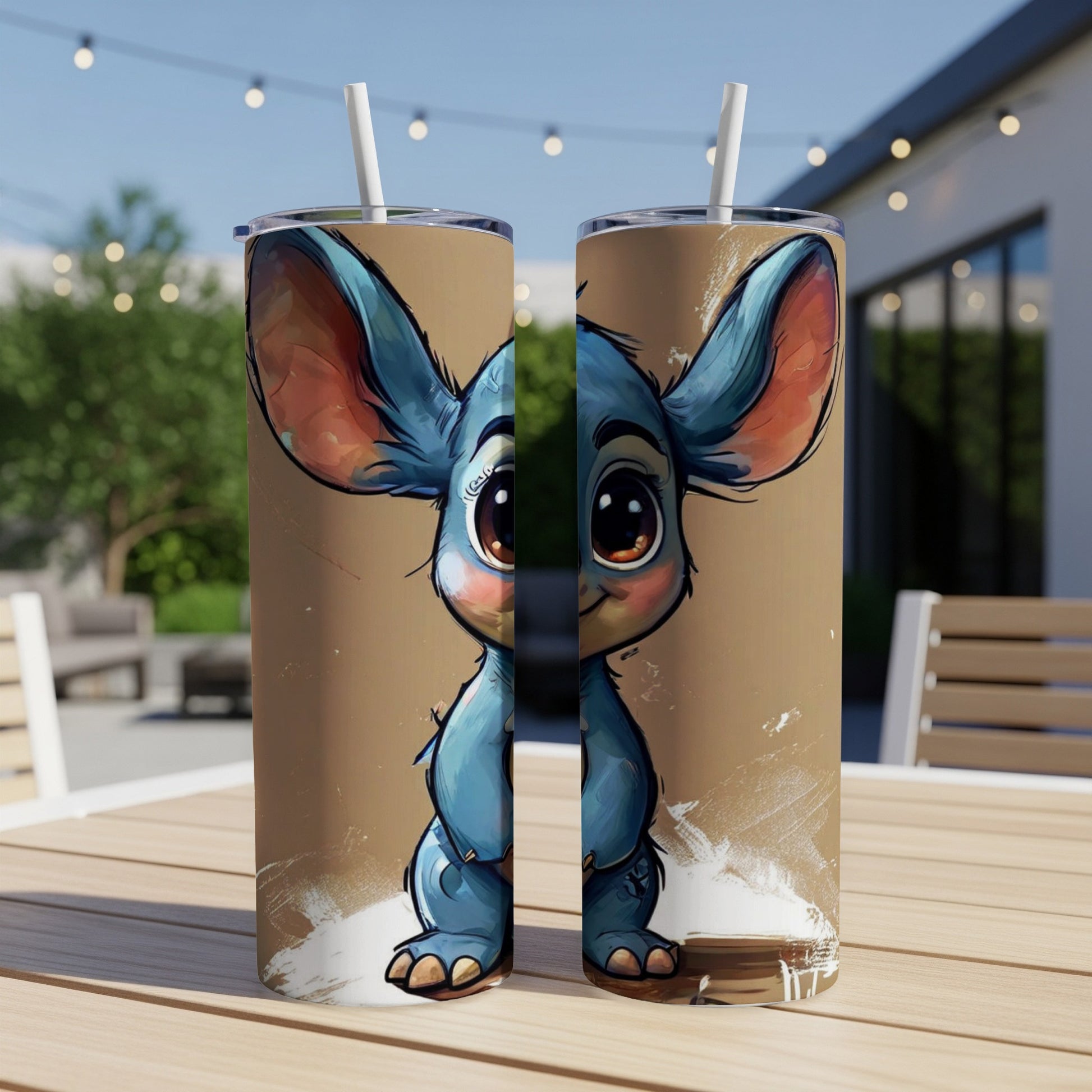 Cartoon character Stitch on a brown background, double tumbler.