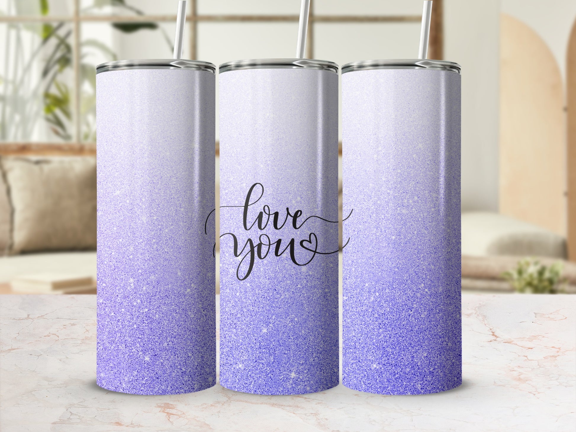 Purple glitter tumbler with "love you" text, lid and straw.