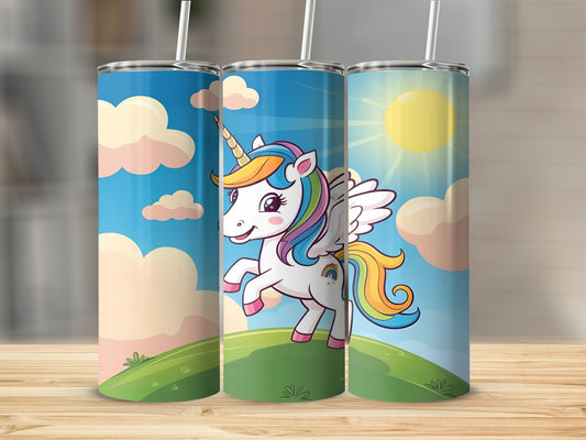 Three tumblers with a cartoon unicorn, rainbow, and clouds design.