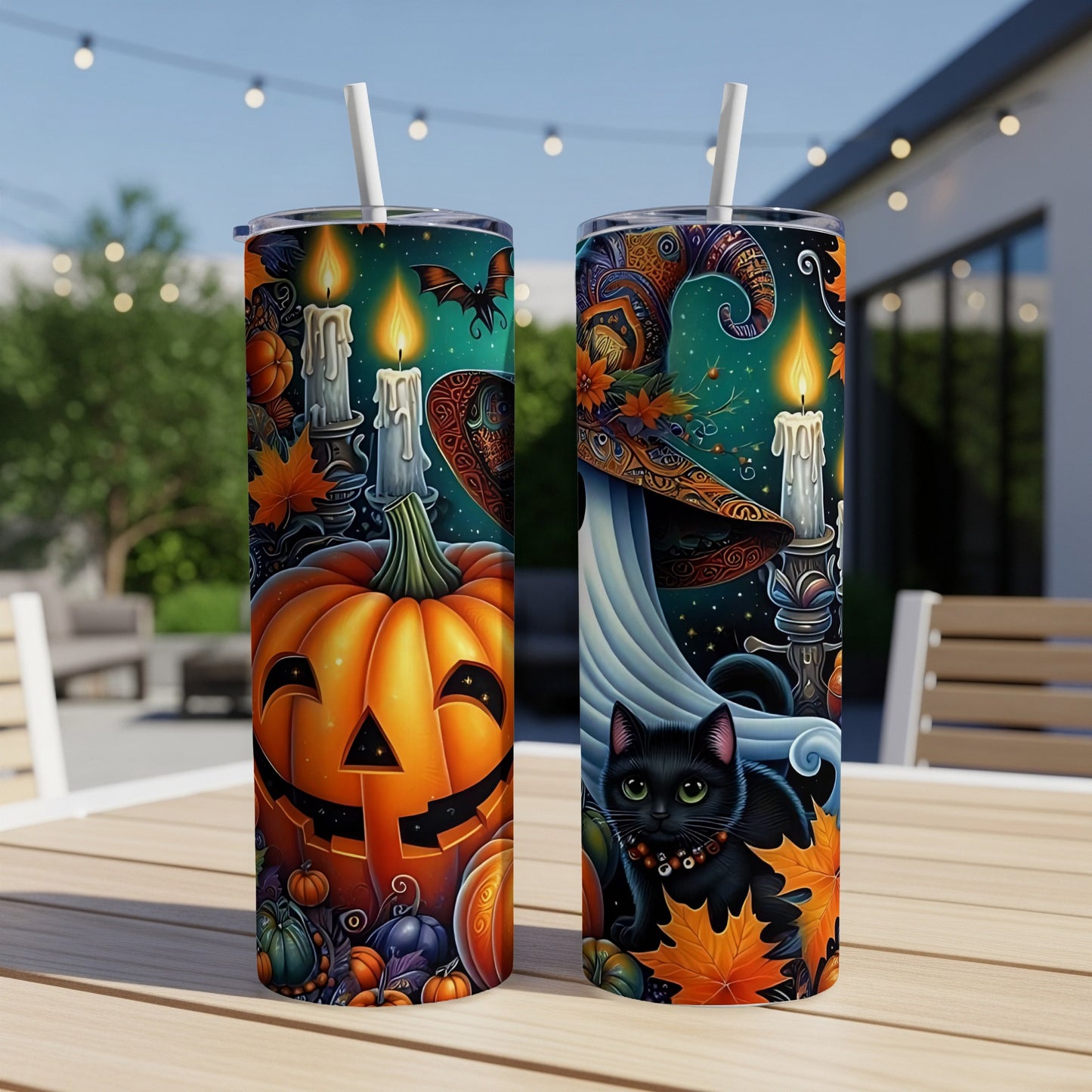 Two Halloween-themed tumblers with pumpkins, candles, a black cat, and a witch hat.