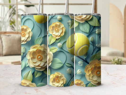 Three tumblers with a floral and tennis ball design on a light blue background.