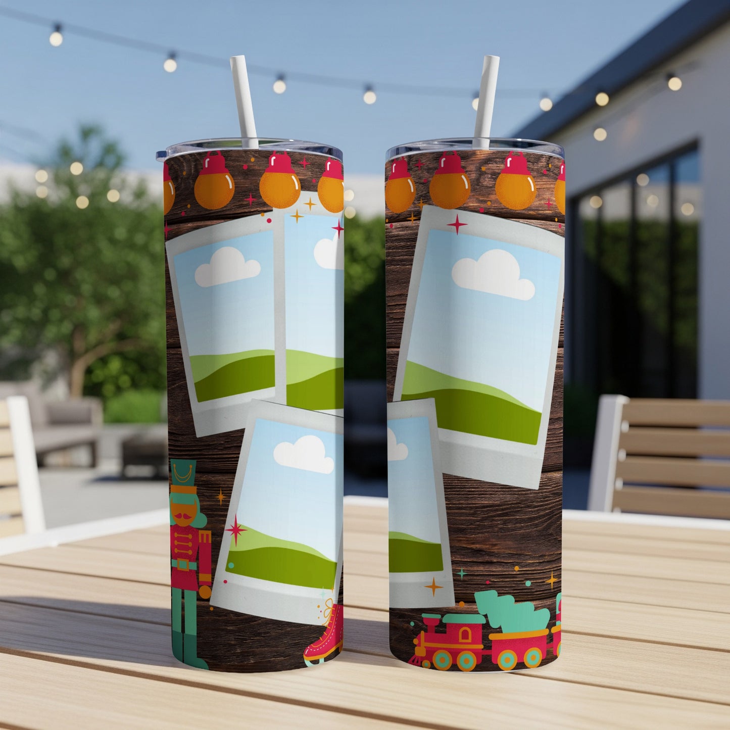 Two tumblers with a wood grain pattern and cartoon Christmas graphics.