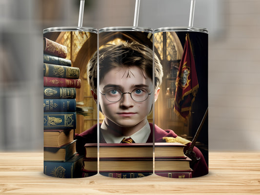 Harry Potter holding books in front of Hogwarts library.