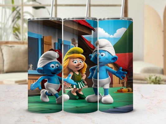 Smurfs characters Papa Smurf, Smurfette, and Brainy Smurf on a tumbler.
