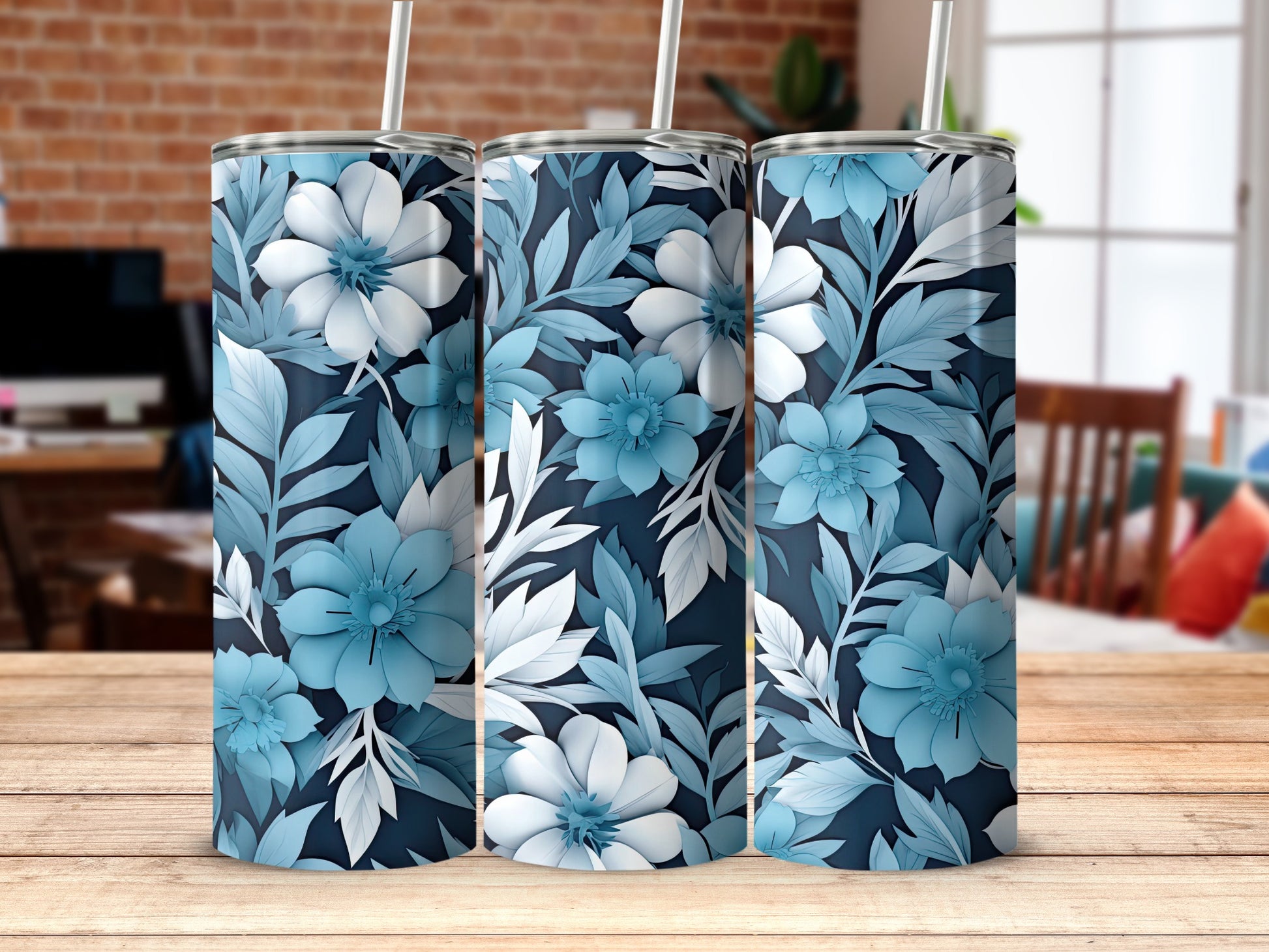 Elegant Blue Floral Insulated Tumbler Design